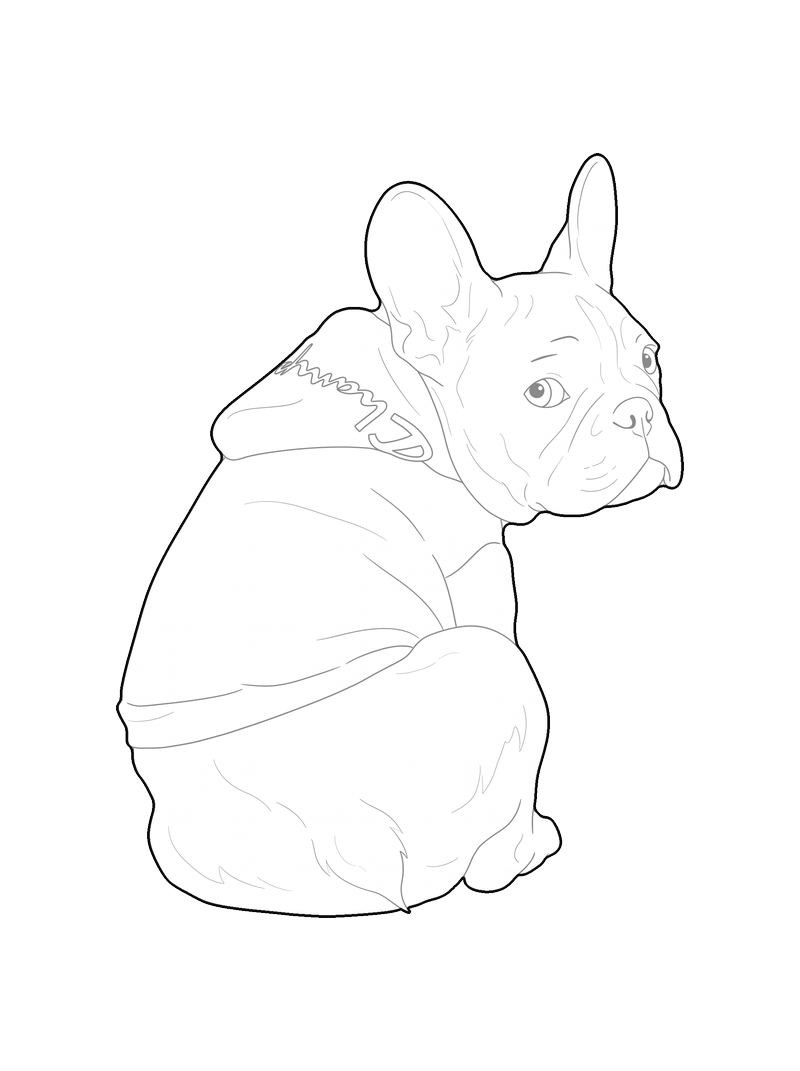 Line drawing of a French bulldog wearing a hoodie, sitting and looking back