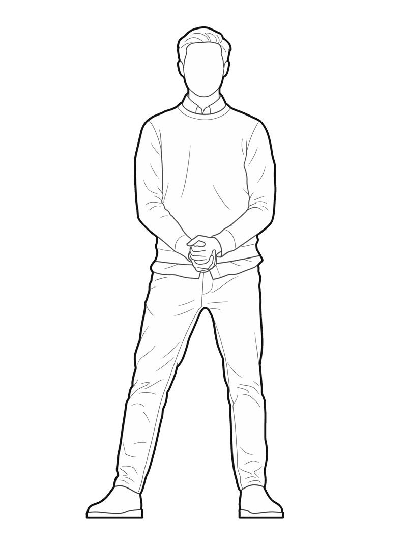 Line drawing of a man in a crewneck sweater, front elevation, hands clasped
