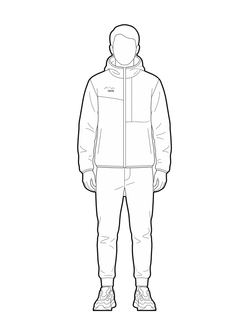 Line drawing of a man in a hooded jacket and sneakers, front elevation