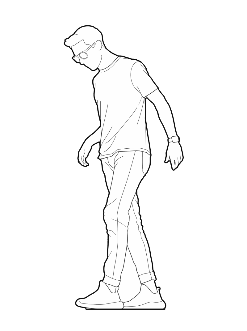 Line drawing of a man walking in glasses and a t-shirt, side elevation