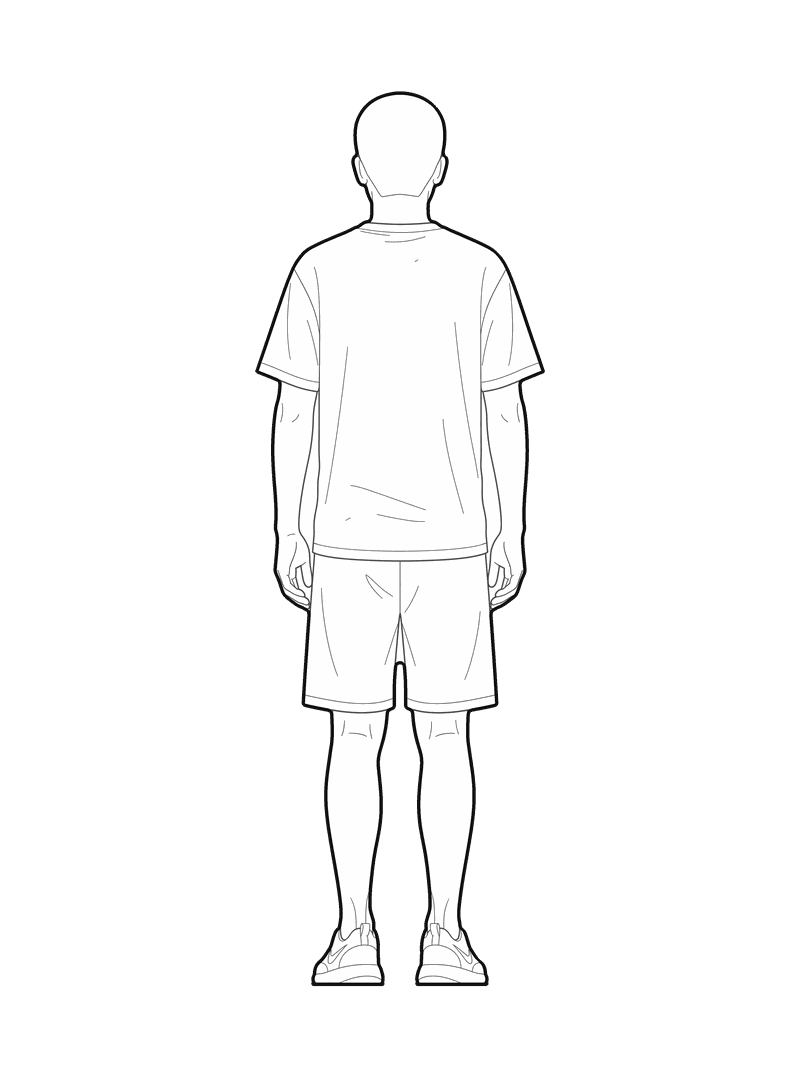 Line drawing of a man in a t-shirt and shorts, rear elevation
