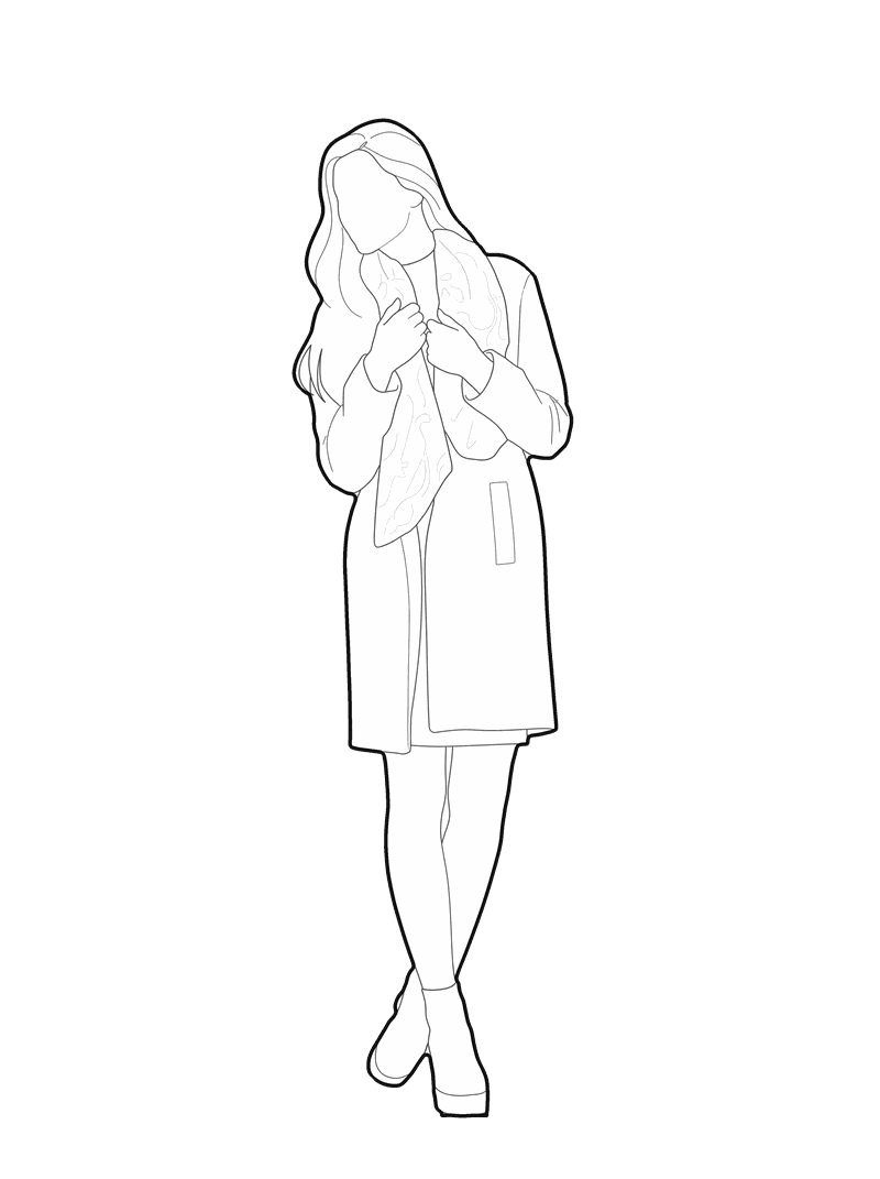 Line drawing of a woman wrapped in a scarf and long coat, front elevation