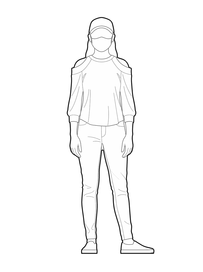 Line drawing of a person in a cap and cold-shoulder top, front elevation