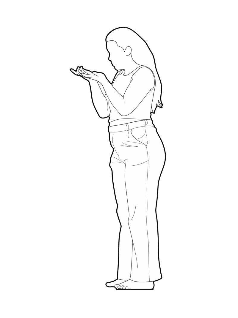 Line drawing of a woman in a tank top with cupped hands, side elevation