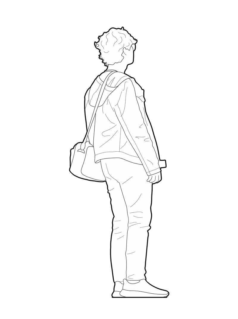 Line drawing of a person with a backpack and shoulder bag, rear three-quarter elevation