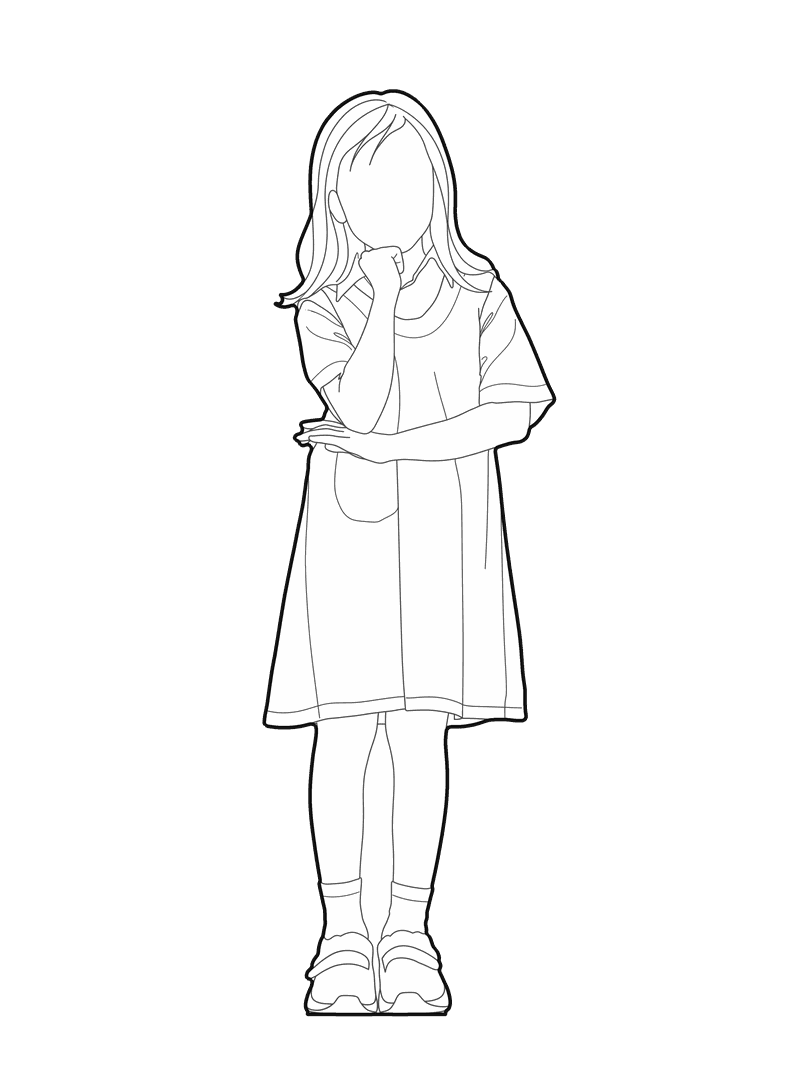 Line drawing of a girl in a dress, front elevation