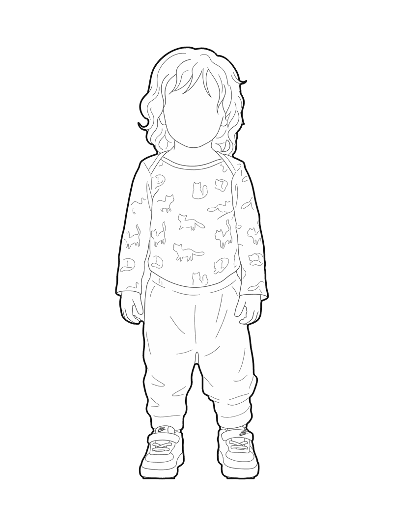 Line drawing of a toddler in a printed pyjama set, front elevation