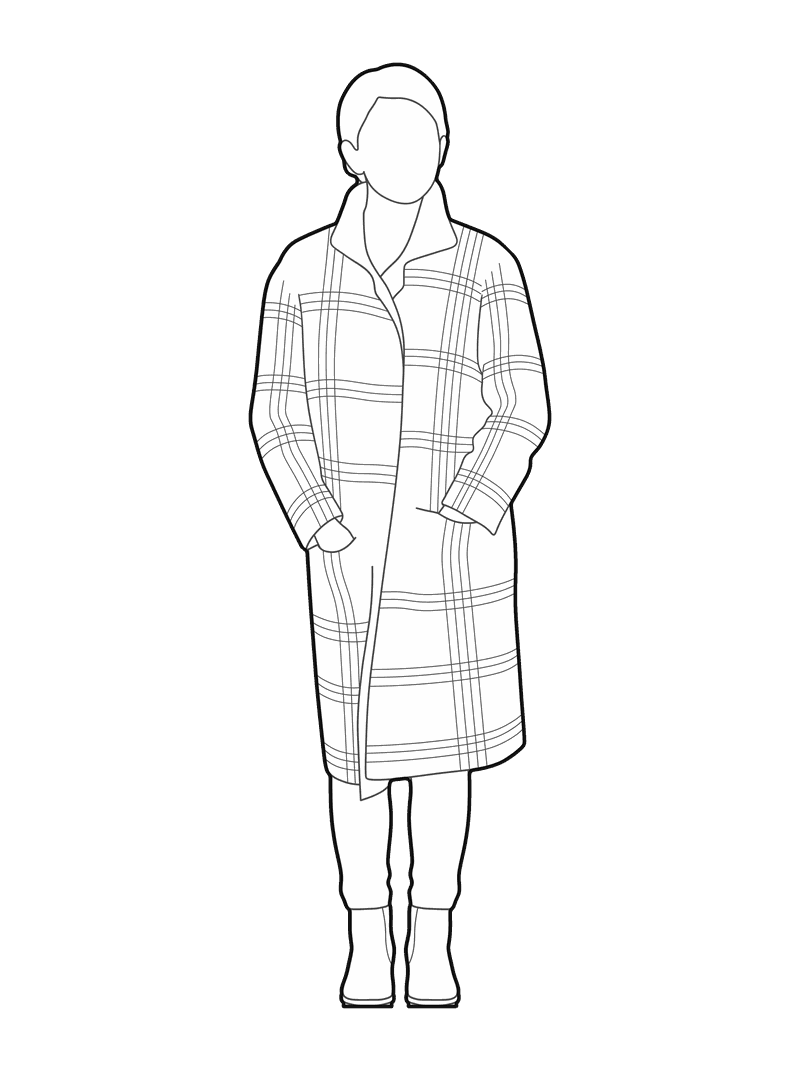 Line drawing of a woman in a checked coat, front elevation