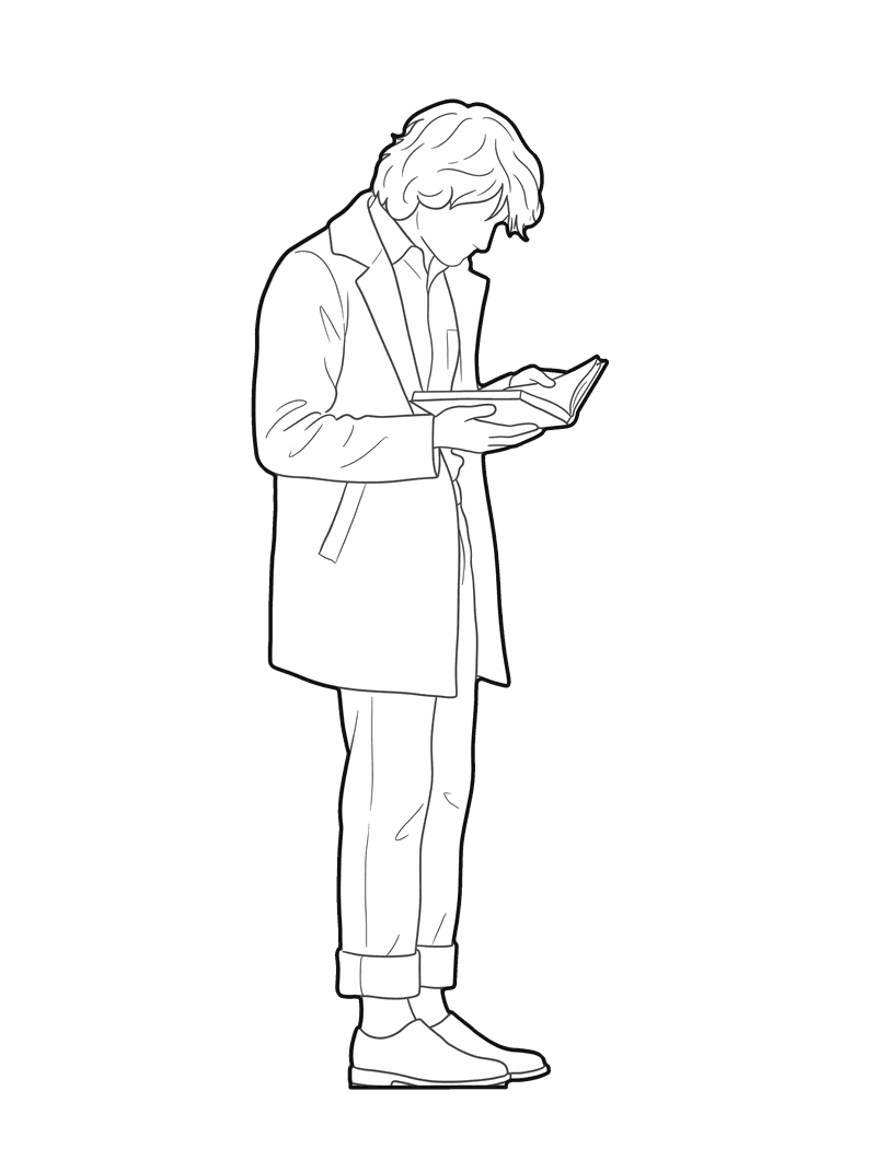Line drawing of a man in a coat reading a book, side elevation