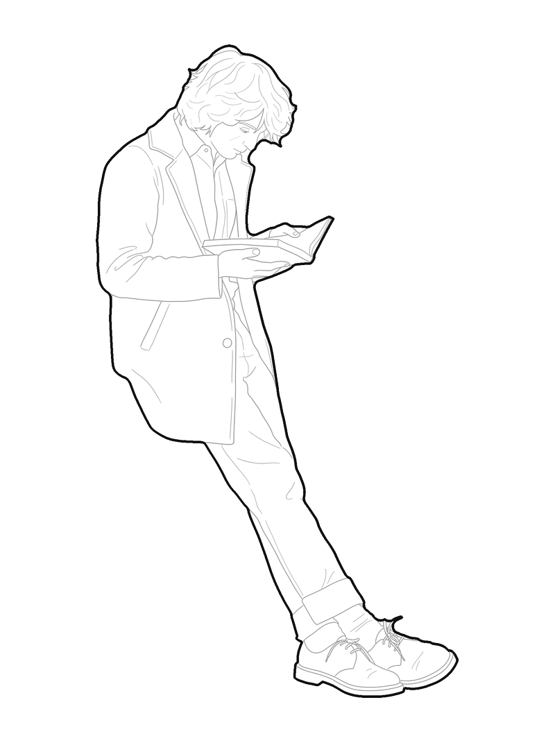 Line drawing of a man leaning against a wall, reading a book