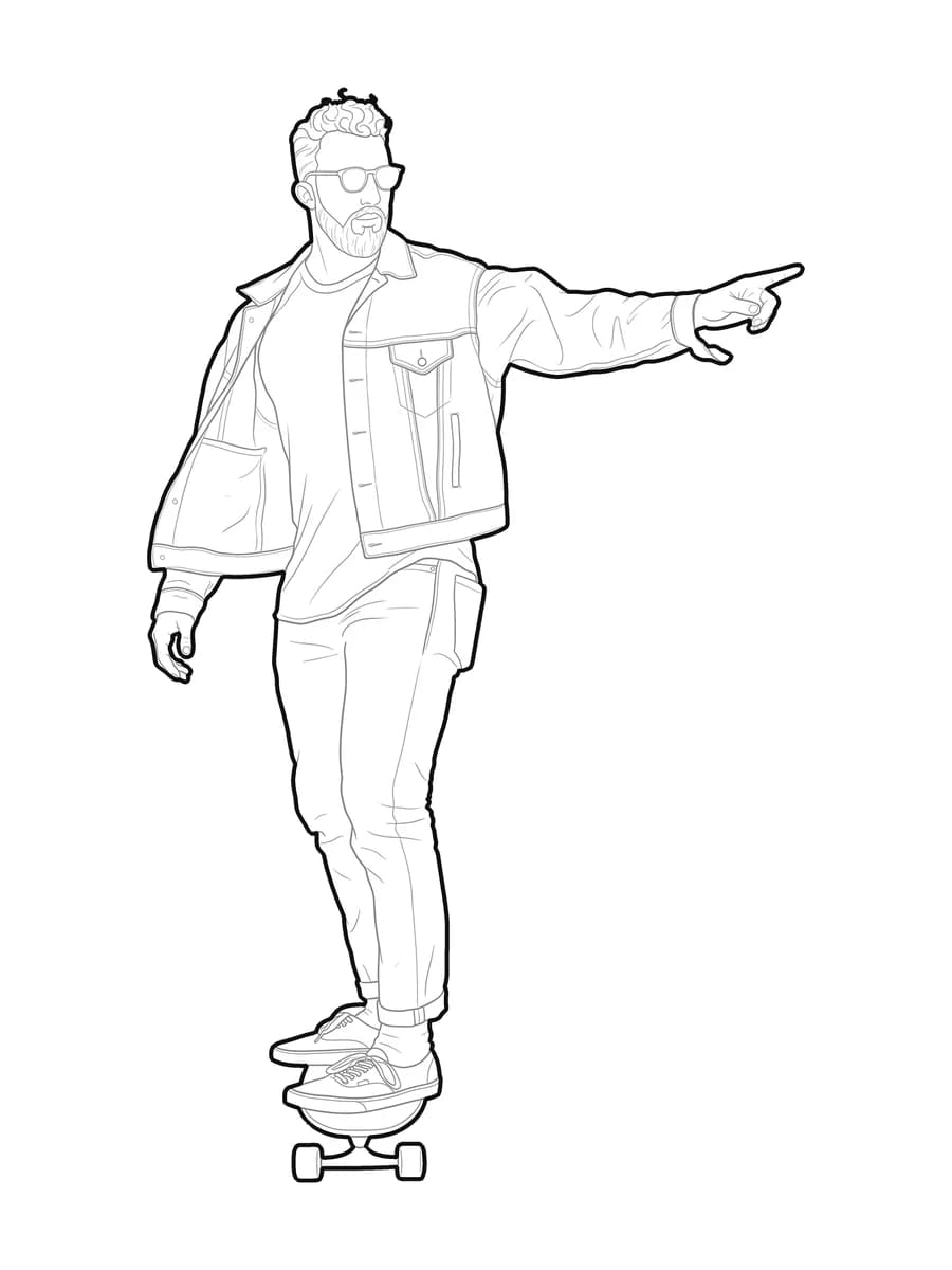 The same skateboarder redrawn as clean black line art on white.