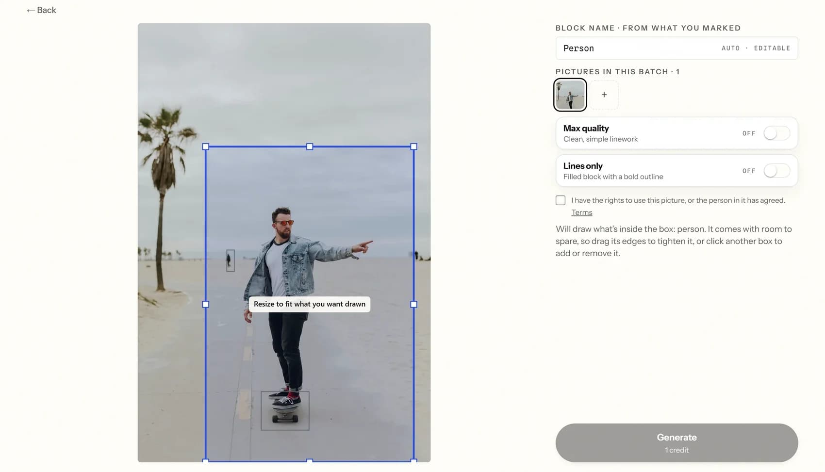 A picture of a skateboarder with a blue box marking the person, and the settings panel on the right.