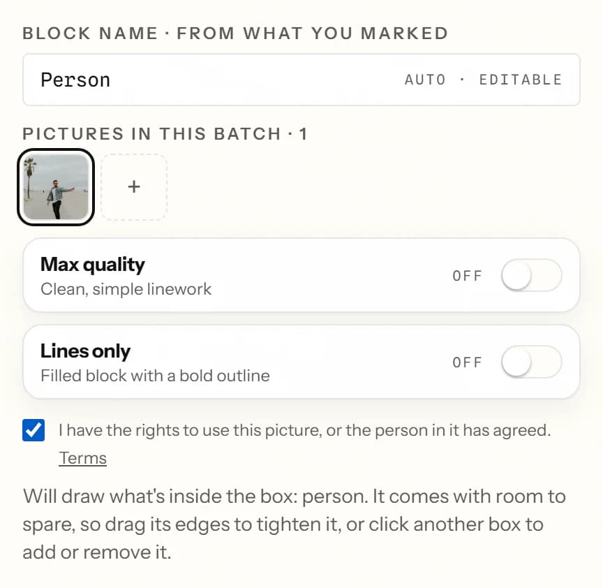 The settings panel: block name, pictures in the batch, the Max quality and Lines only switches, and the Generate button.