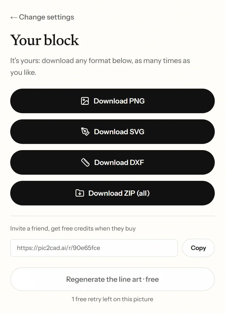 The download column, with one button per format and a free retry underneath.