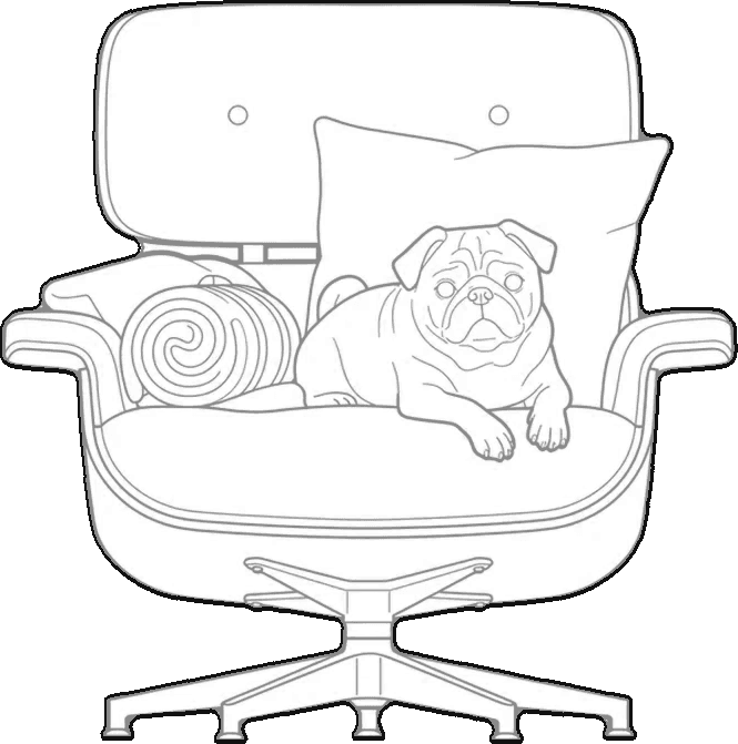 A pug lying on an Eames Lounge Chair, drawn as a line block with a white fill