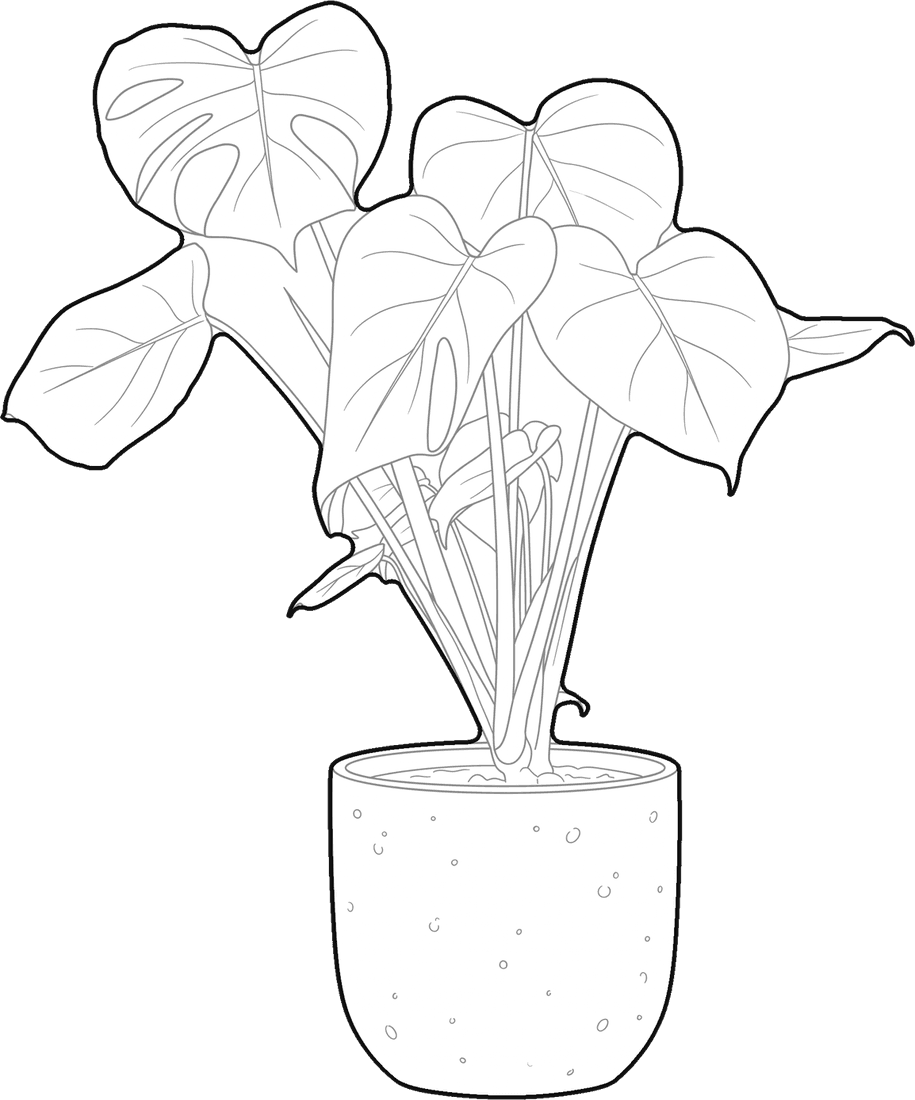 A monstera in a pot, drawn as a line block with a white fill