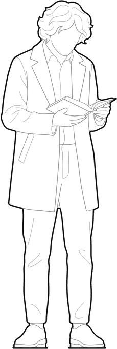 Front view of a man reading a book, as a line block