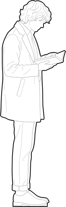 Side view of the same man reading, as a line block