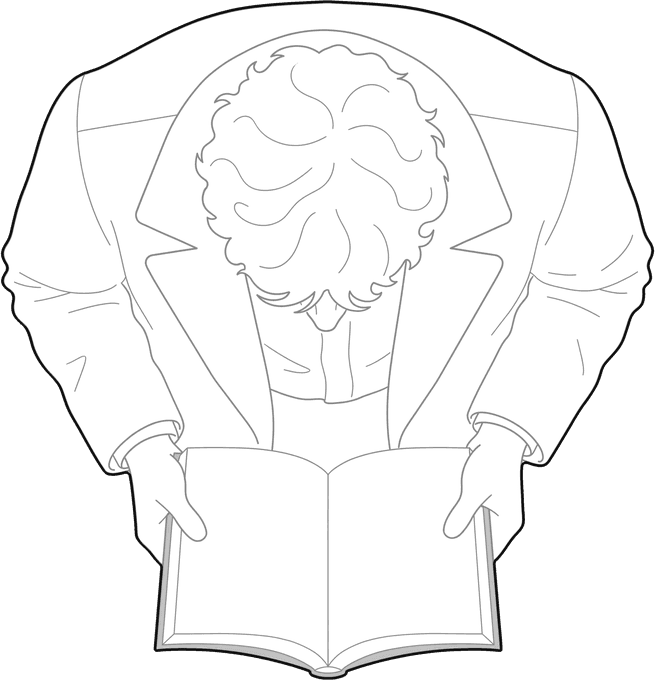 Top view of the same man, seen from above, as a line block
