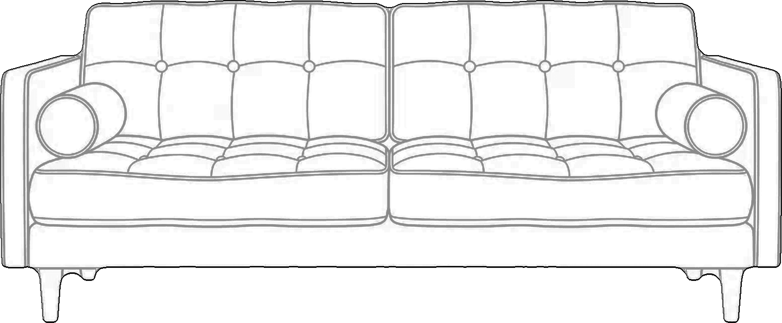 A sofa with two seat cushions, drawn as a front-elevation line block with a white fill