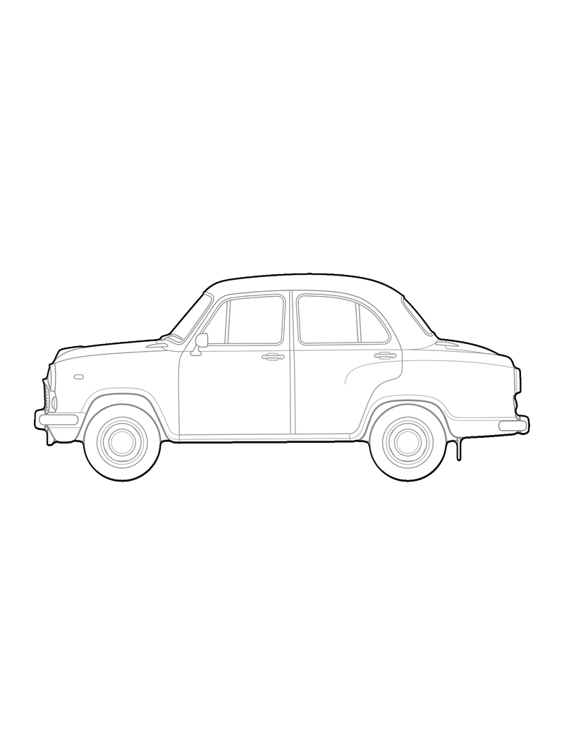 Hindustan Ambassador - Front, lateral, line drawing CAD block (Vehicles)