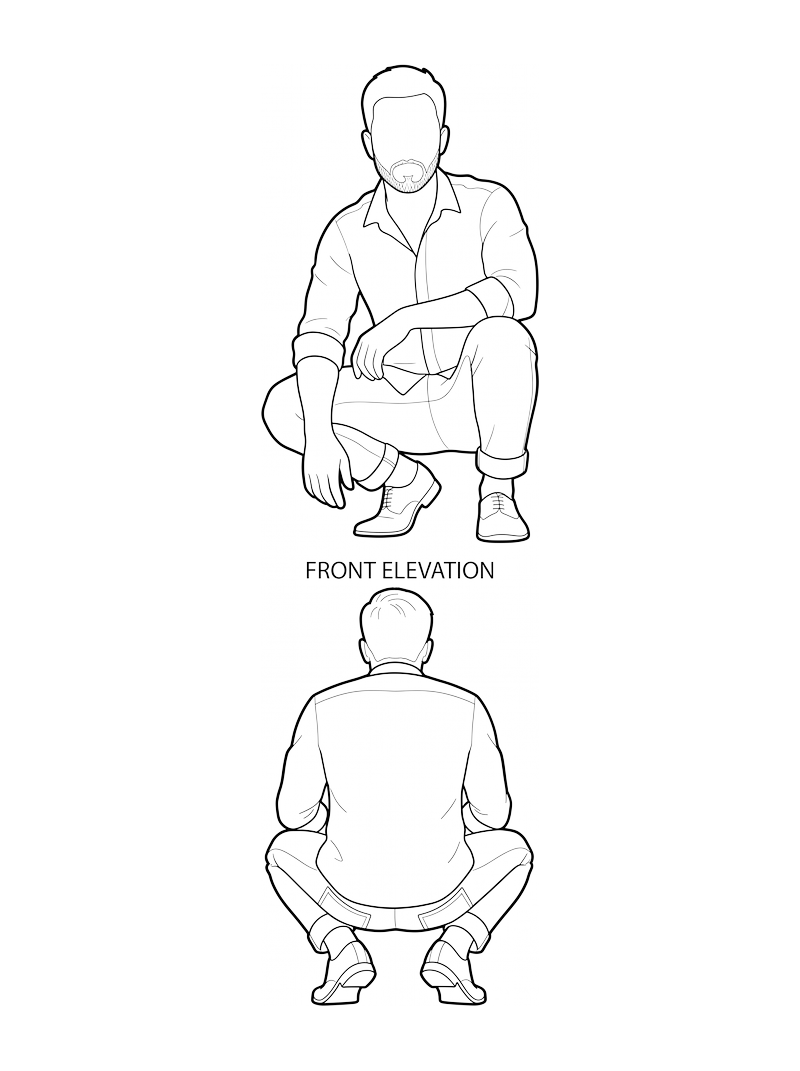 Man Crouching - Side, frontal, bloque CAD de línea (Personas)