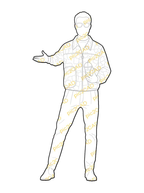 Man Hailing A Taxi - Front, frontal, line drawing CAD block (People)