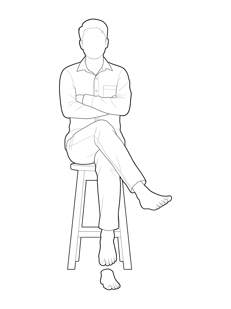 Man Sitting On Stool - Side, frontal, line drawing CAD block (People)