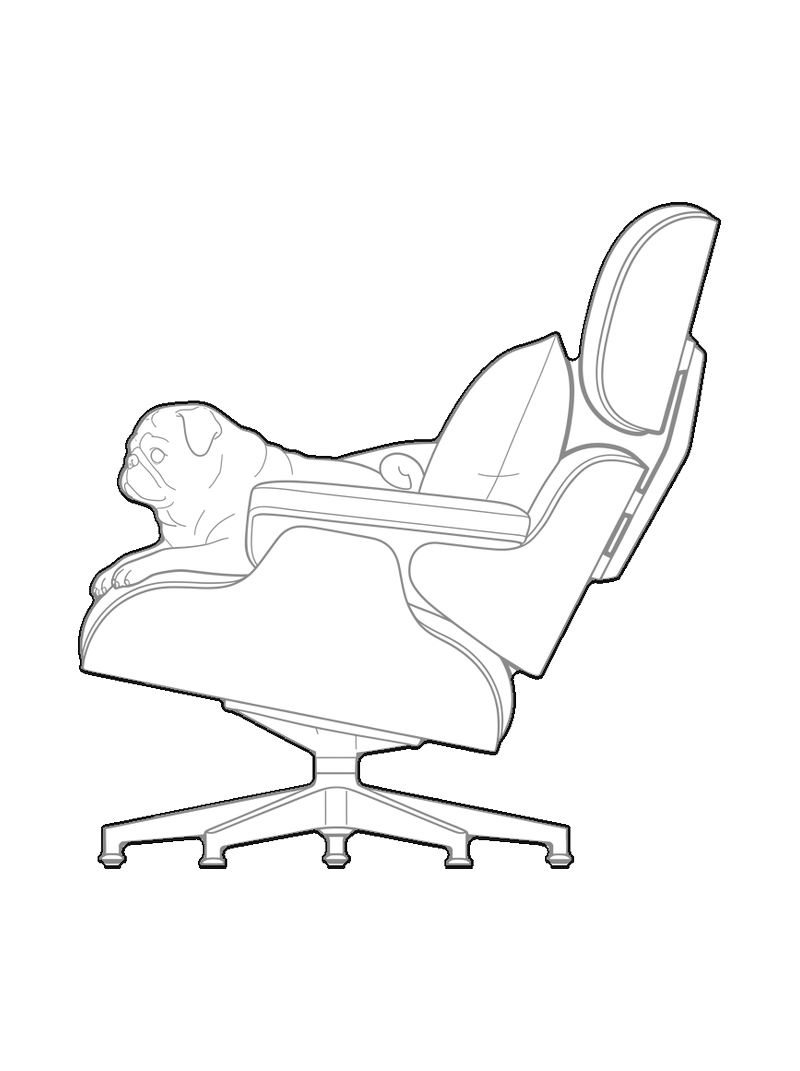 Pug On Eames Lounge Chair - Front, lateral, line drawing CAD block (Furniture)