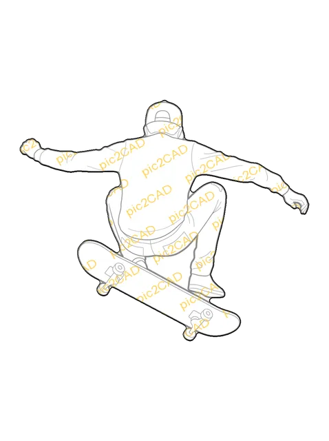 Skateboarder Jumping - Front, arriba, line drawing CAD block (People)