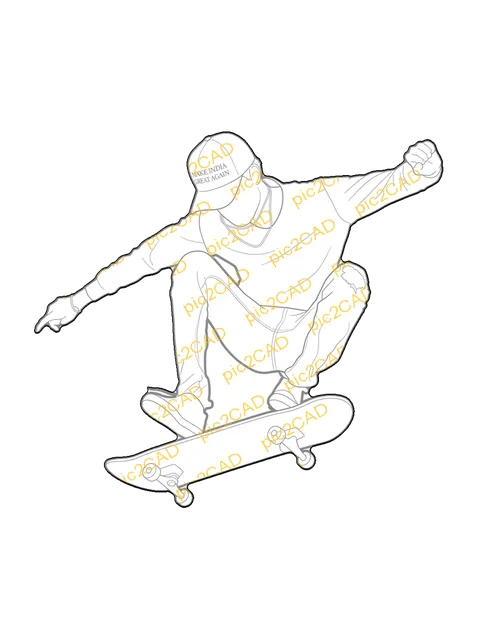 Skateboarder Jumping - Front, frontal, line drawing CAD block (People)