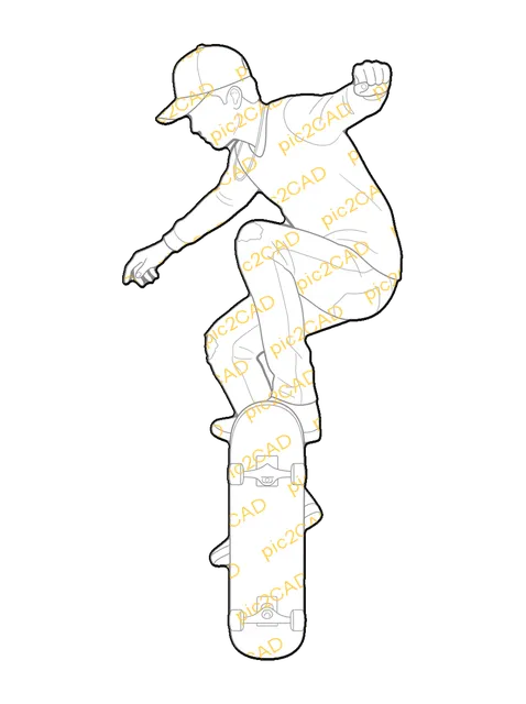 Skateboarder Jumping - Front, lateral, line drawing CAD block (People)