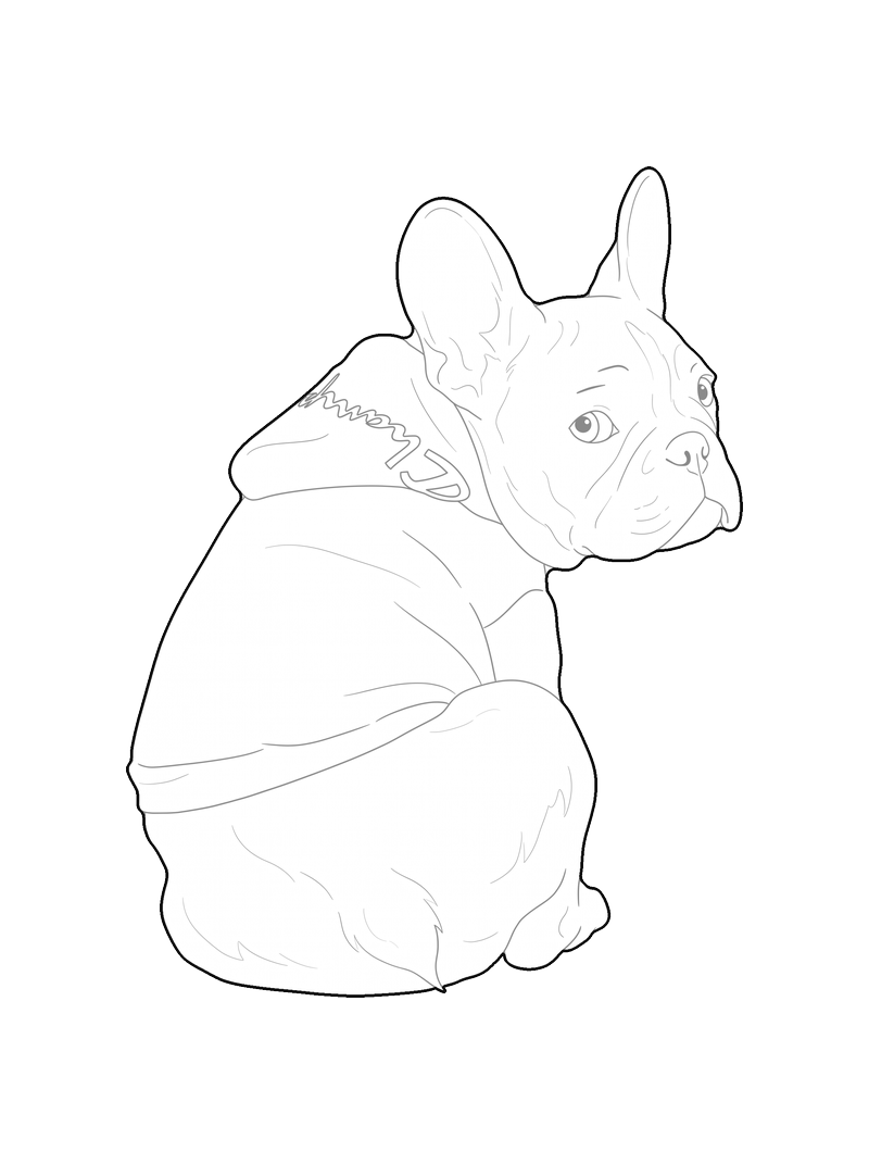 Line drawing of a French bulldog wearing a hoodie, sitting and looking back