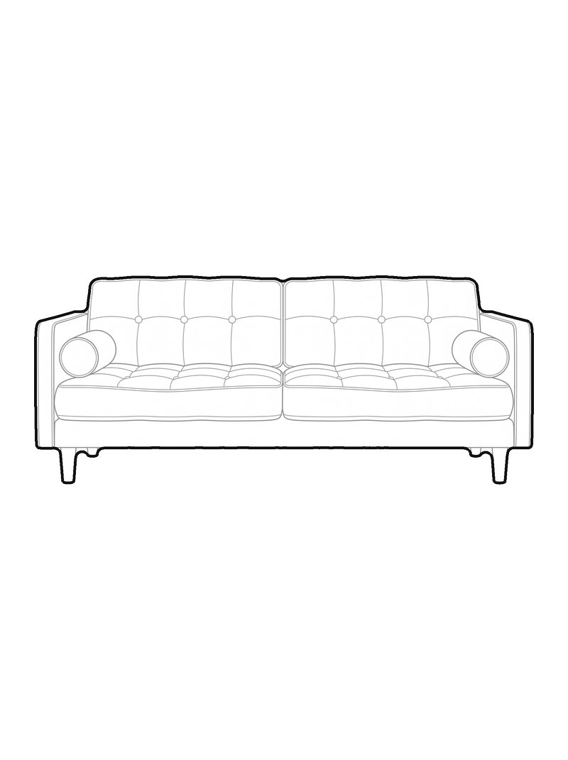 Line drawing of a two-seater sofa with buttoned cushions, front elevation