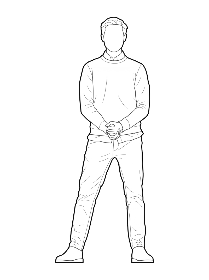 Line drawing of a man in a crewneck sweater, front elevation, hands clasped
