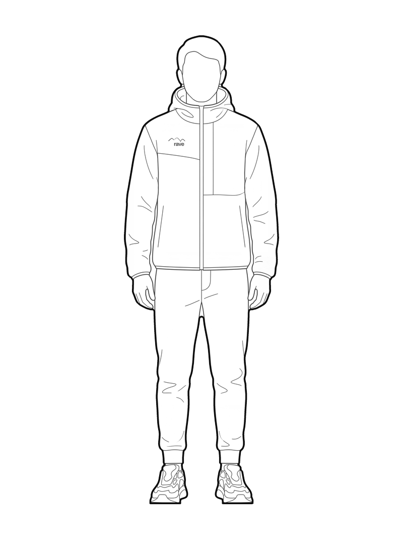 Line drawing of a man in a hooded jacket and sneakers, front elevation