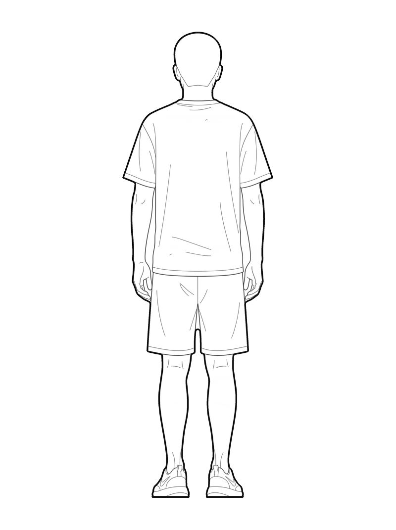 Line drawing of a man in a t-shirt and shorts, rear elevation