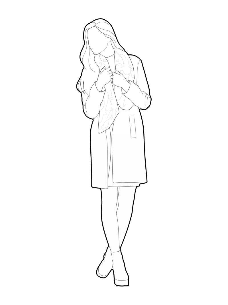 Line drawing of a woman wrapped in a scarf and long coat, front elevation