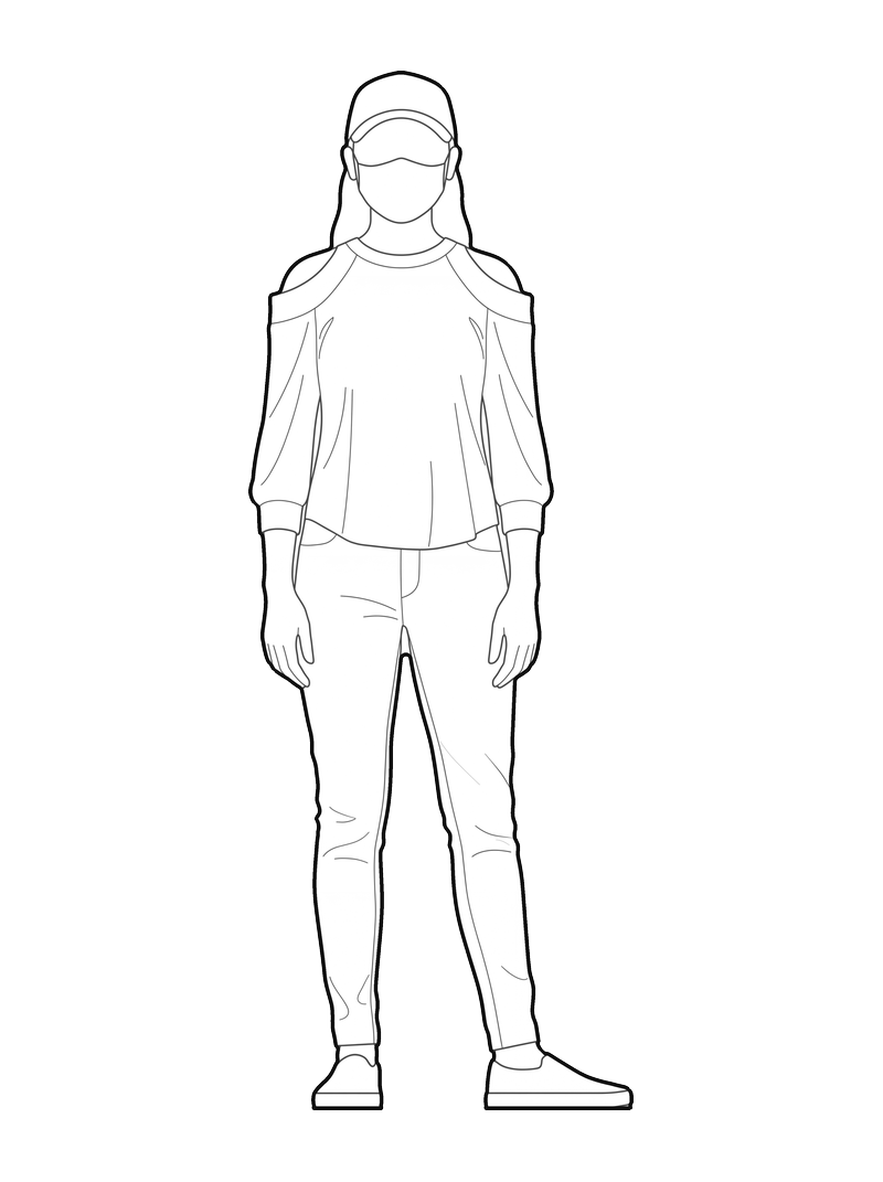 Dibujo de línea de una persona con gorra y top con hombros al descubierto, alzado frontal