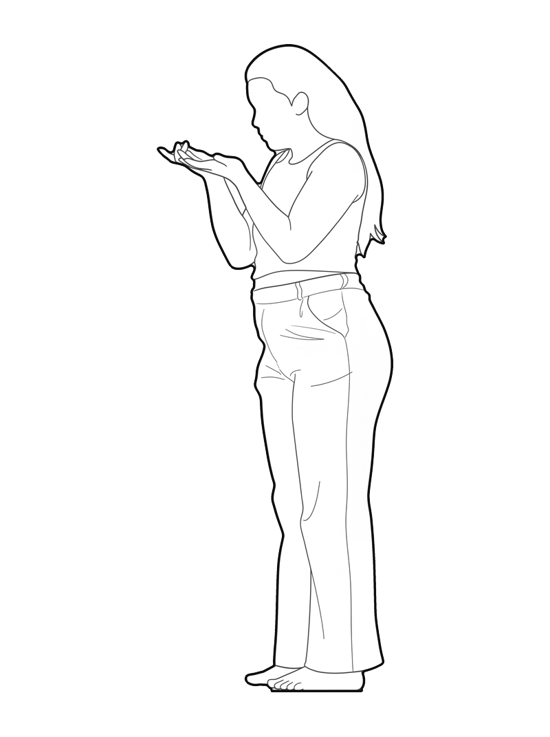 Dibujo de línea de una mujer con camiseta de tirantes y manos ahuecadas, alzado lateral