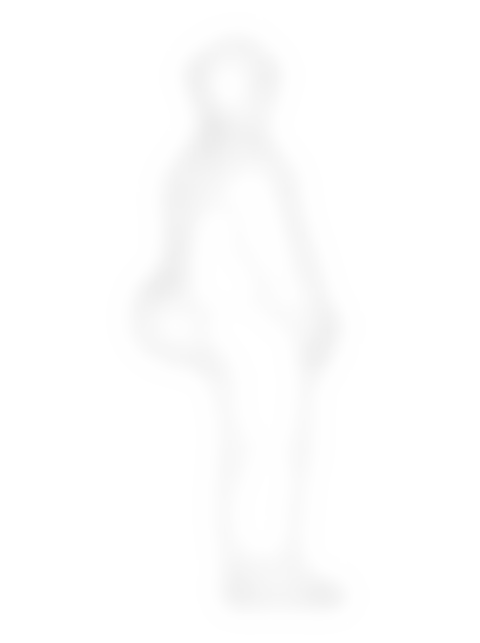 Line drawing of a person with a backpack and shoulder bag, rear three-quarter elevation