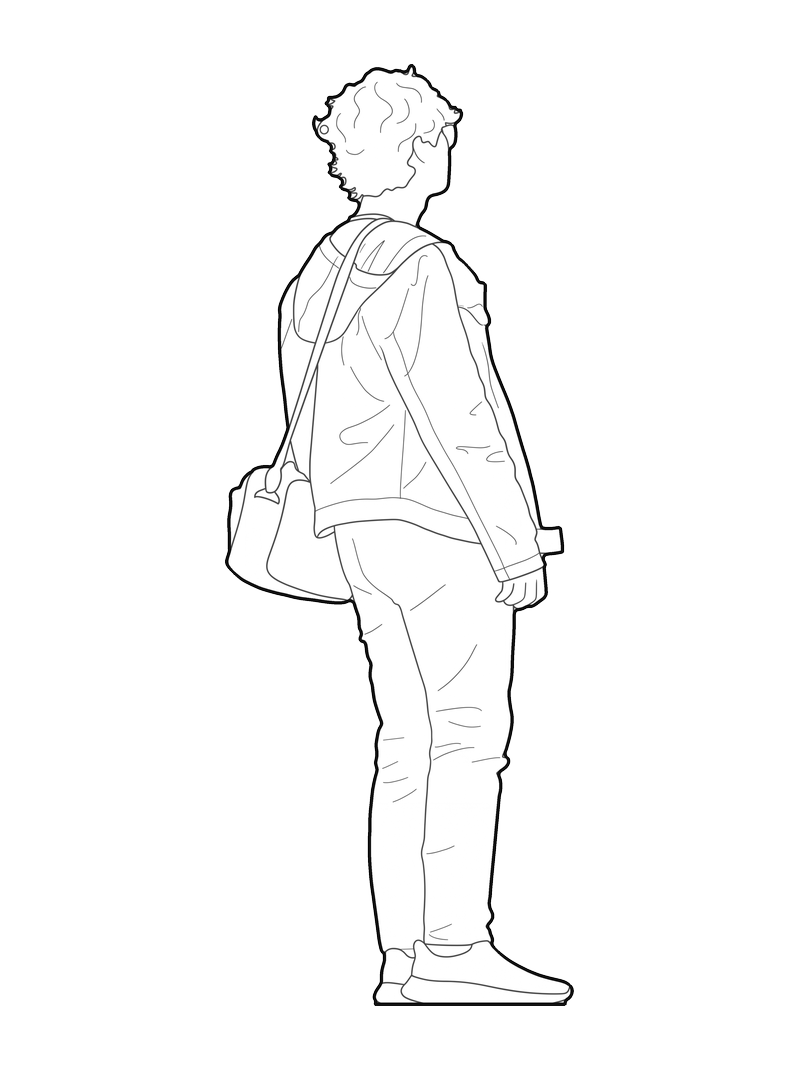 Dibujo de línea de una persona con mochila y bolso de bandolera, alzado trasero en tres cuartos