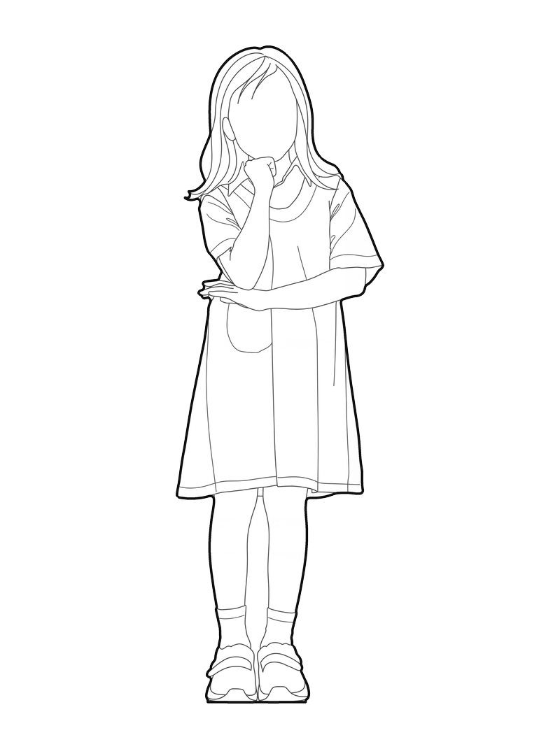 Dibujo de línea de una niña con vestido, alzado frontal
