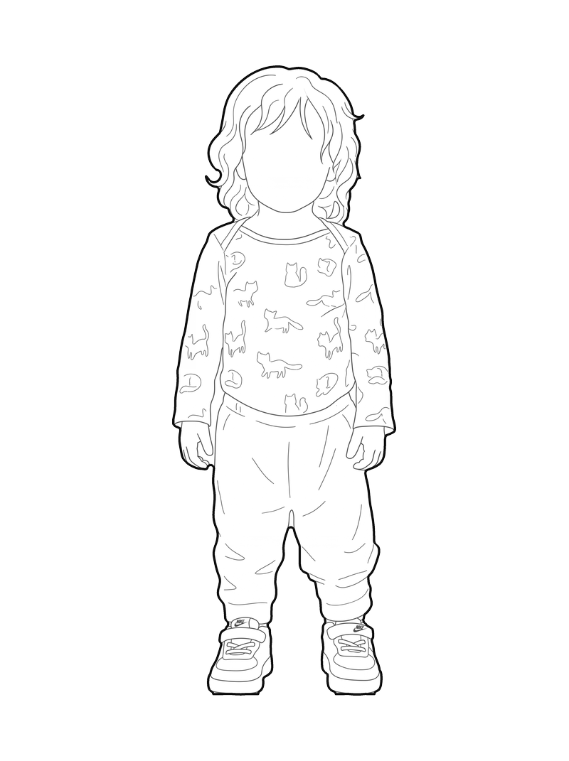 Dibujo de línea de un niño pequeño con pijama estampado, alzado frontal