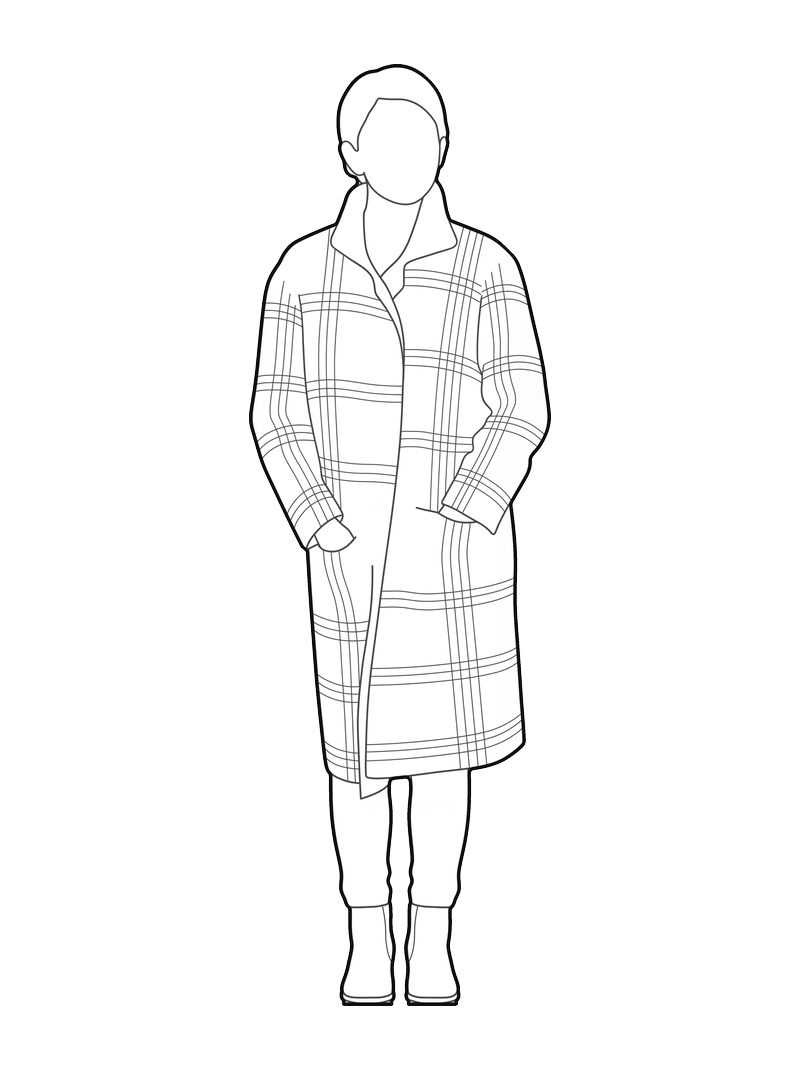 Dibujo de línea de una mujer con abrigo de cuadros, alzado frontal