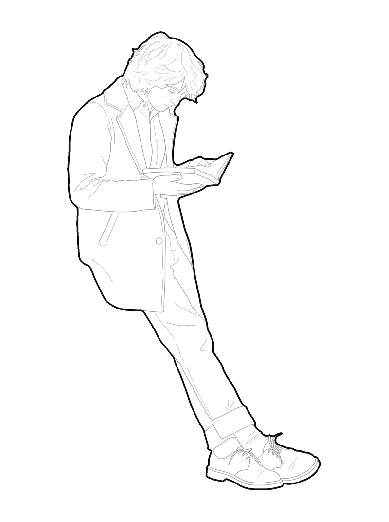 Line drawing of a man leaning against a wall, reading a book