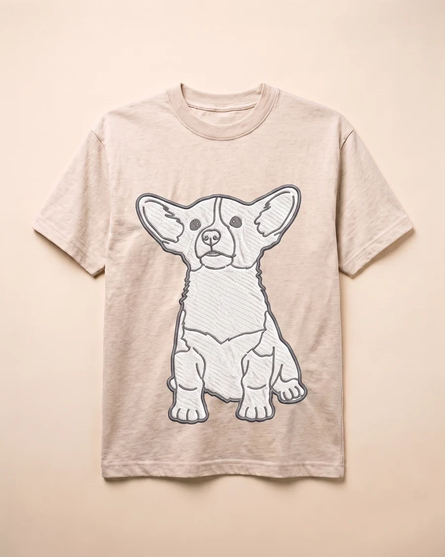Before and after: a corgi puppy turned into an embroidery-ready line outline