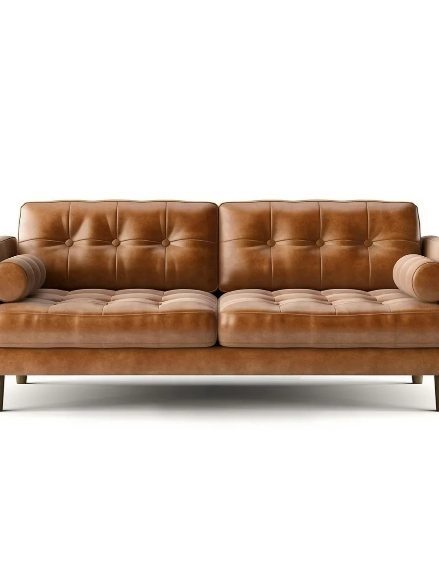 Before and after: a tan leather sofa turned into a front-elevation CAD line block