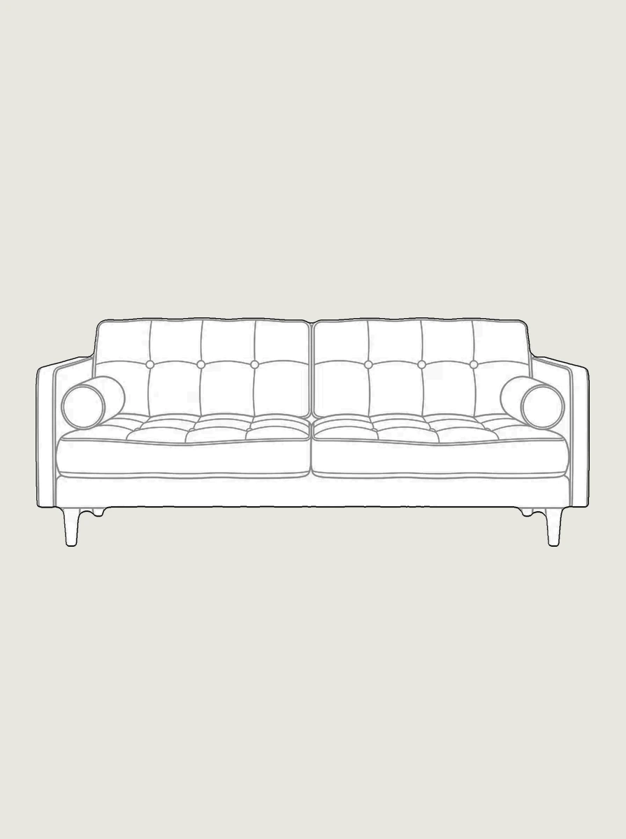 Before and after: a tan leather sofa turned into a front-elevation CAD line block