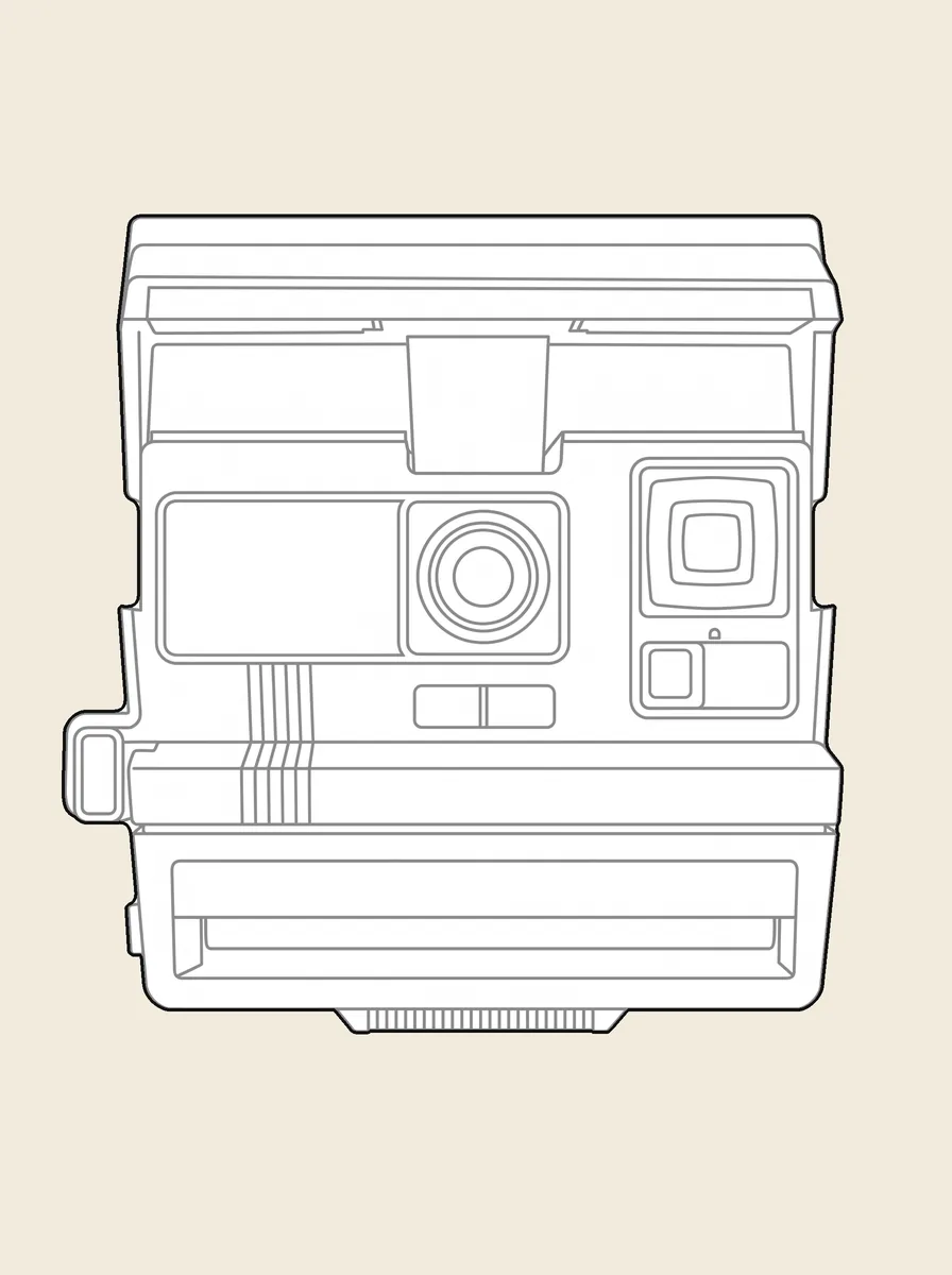 Before and after: a picture of an instant film camera turned into a DWG line drawing